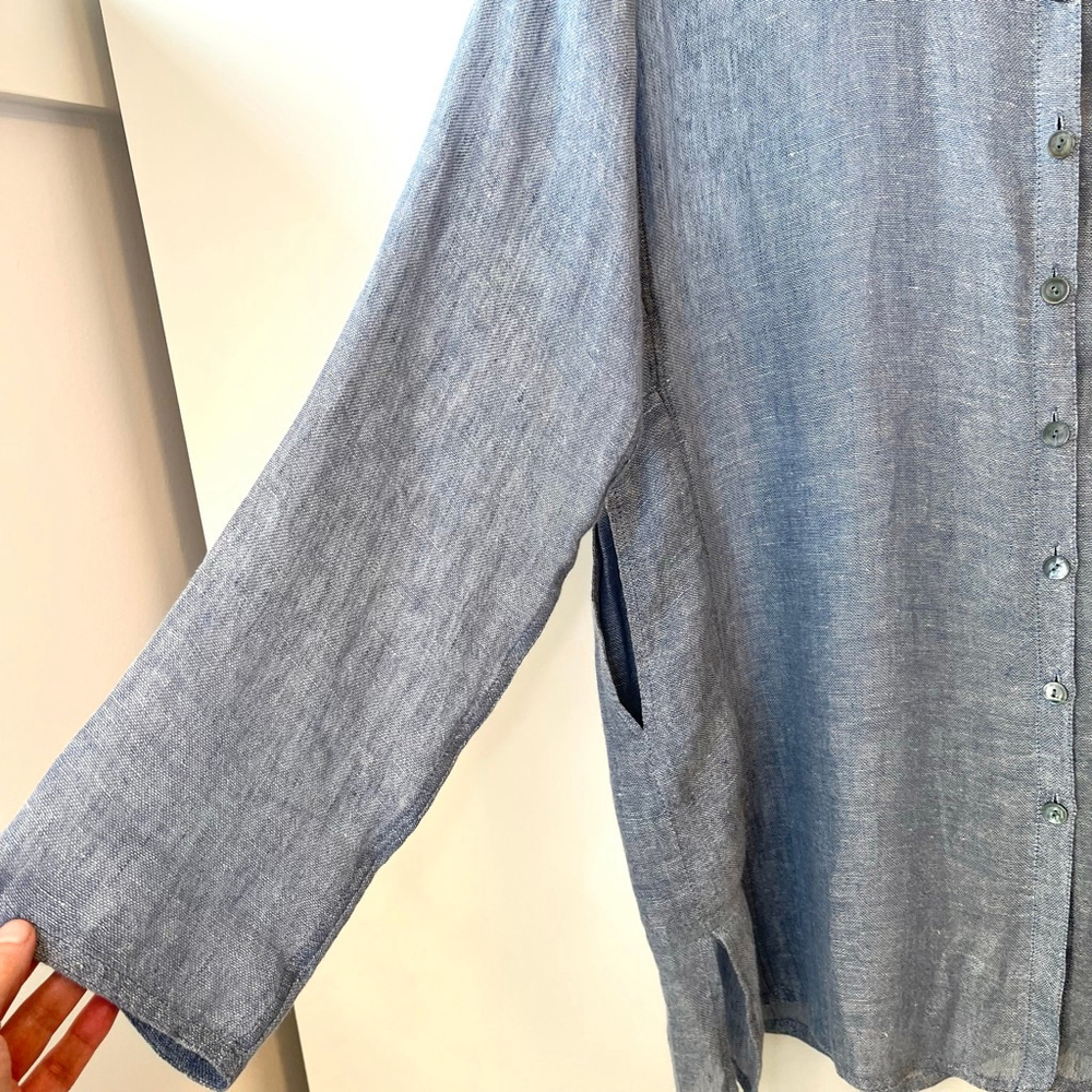 Eileen Fisher Italian Linen Tunic Shirt Jacket Blue Button Front Oversized M - Picture 7 of 14
